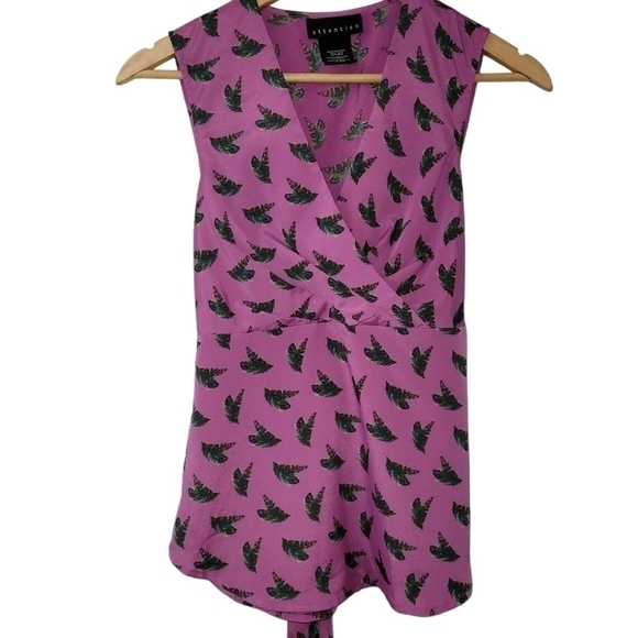 BEAUTIFUL Soft Crossover Wrap Pink Peacock Feather Tie Back Tank Blouse XS - Picture 3 of 10